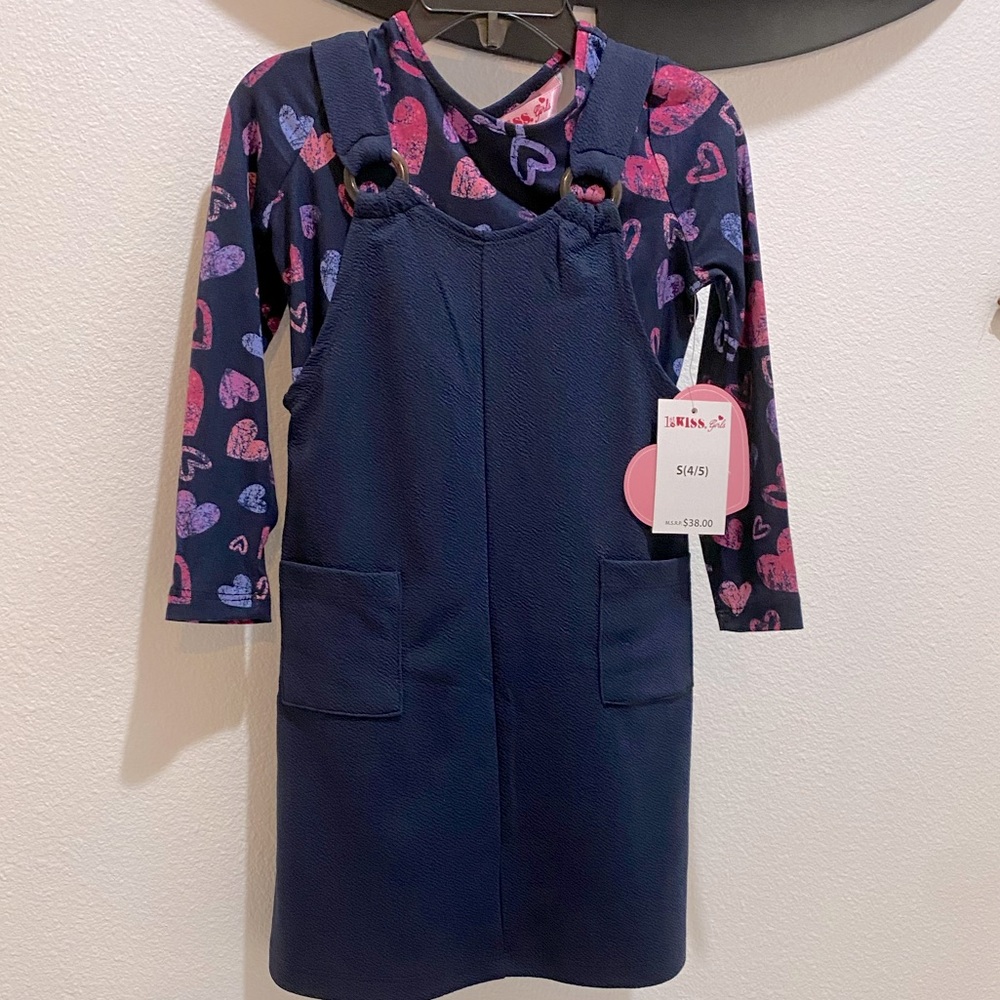 1st Kiss Little Girls Navy Jumper Dress w/Long Sleeve Top w/Hearts - S (4/5)